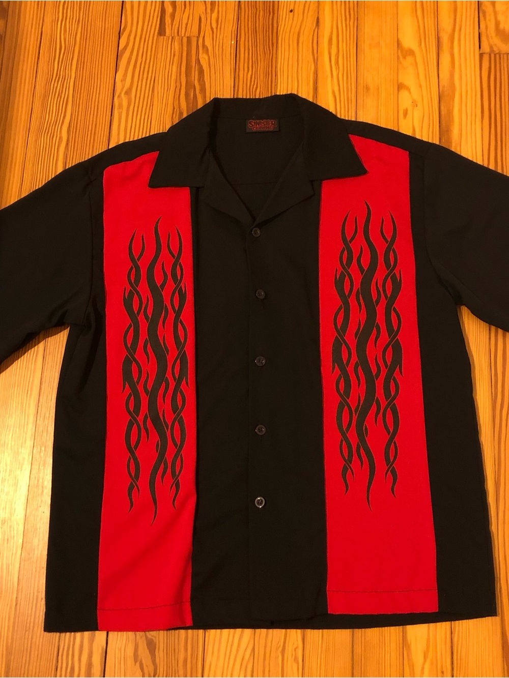 Men’s Sinister Vintage Style Black & Red Button-Down Shirt w/Flame Panels Size M